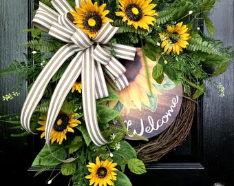Couronne de tournesol, décoration de porte de ferme, couronnes d'été pour porte d'entrée