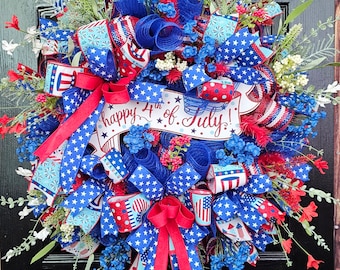 Patriotic Wreath, Wreaths for Front Door, Memorial Day Wreath, 4th of July Wreath, Red White and Blue Wreath, USA Wreath,