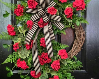 Couronne de géranium rouge, décoration de porte de ferme, couronnes d'été pour porte d'entrée