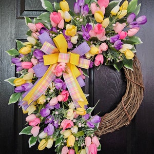 Tulip Wreath for Front Door: Spring Floral Decor, Easter Wreaths