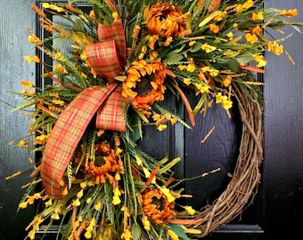 Couronne d'automne, couronnes de porte d'entrée, décoration de tournesol