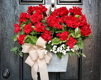 Wreaths for Front Door, Farmhouse Wreath, Spring Wreath, Summer Wreath, Bucket Wreath, Geranium Wreath, Door Wreath, Summer Door Basket