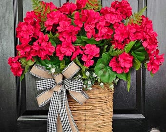Couronne de panier en géranium rouge : décoration de porte de ferme, couronnes pour porte d'entrée