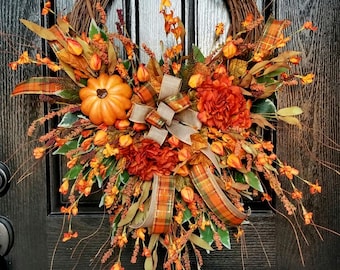 Couronne d'automne, couronnes pour porte d'entrée, décoration de porte citrouille hortensia