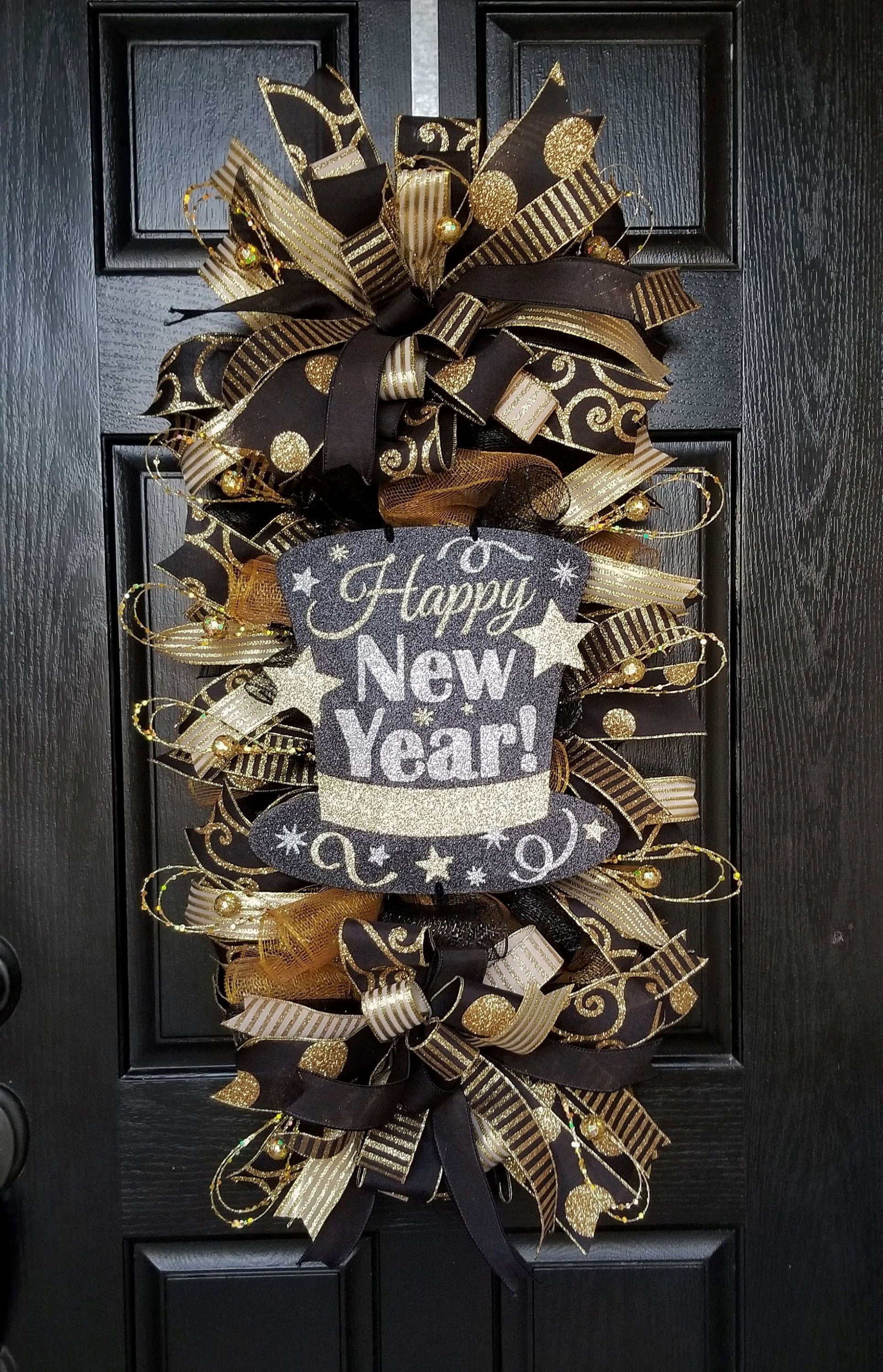 New Year's Swag Wreath: Glittery Black & Gold Front Door Decor - Etsy