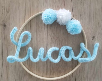 personalized knitting first name, handmade knitting, first name knitting with pompoms