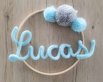 personalized knitting first name, handmade knitting, first name knitting with pompoms