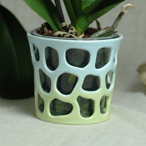Puede incluir: Una maceta de cerámica para orquídeas de color azul claro y verde con un diseño calado único. La maceta tiene un efecto de degradado de color, pasando del azul claro al verde.