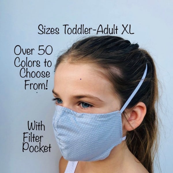 100% Cotton Double Layer Fabric FITTED Mask, Over the Head Elastic Mask, Filter Pocket, Optional Removable Flat Nose Wire