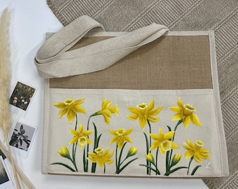 Hand painted daffodils on shopping bag, Painted flowers on tote bag, flowered fabric bag, Best quality shopping bag for cold products,