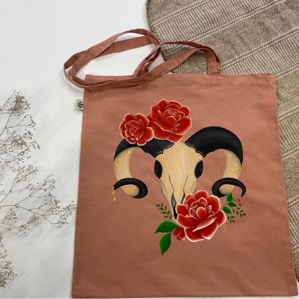 Organic cotton tote bag with painting, Ram skull painting on grocery bag, Skull and roses textile painting, Organic cotton shopping bag