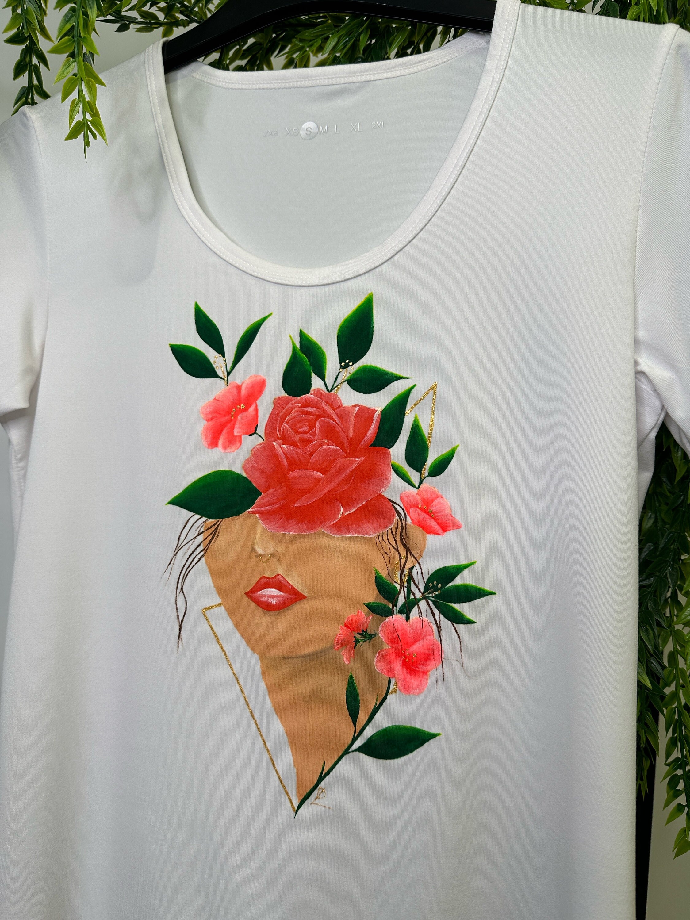 DianaLipskaArt White Super Soft T Shirt for Women Original Painting On T Shirt Unique T Shirt with Flowers Floral Painted T Shirt Abstract Art Top