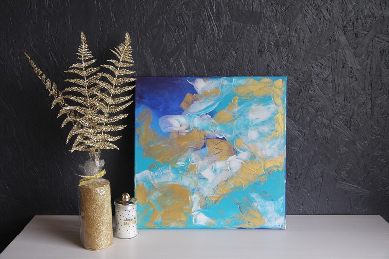 Hand painted Abstract painting with gold leafs, Decorative golden art decor, Original abrstract wall art, Unique golden wall art image 2