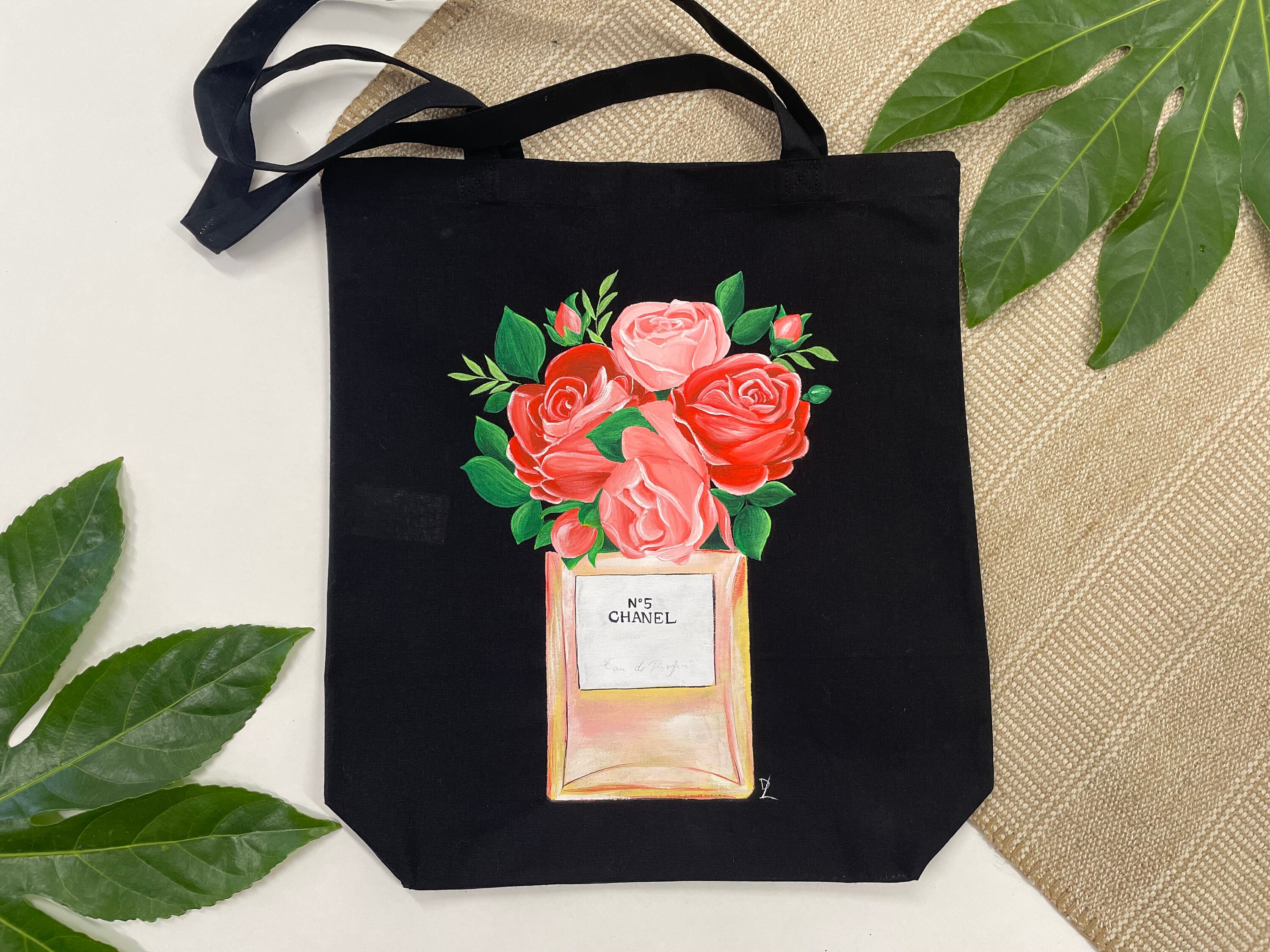 Black Pouch Cloth Bag With Colorful Rose and Perfume Painting -  Denmark