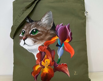 Peinture de chat sur un sac fourre-tout en coton biologique, sac fourre-tout décoratif en toile biologique, sac d'épicerie pour chat peint à la main, cadeau pour les amoureux des chats