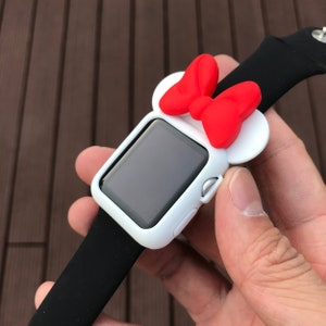 Orecchie da topo con fiocco rosso bianco. Custodia per mouse Apple Watch Ears per orologio da 38 40 42 44 mm. Orecchie Disney. Custodia morbida in silicone