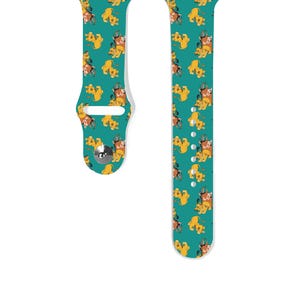 May include: A green Apple Watch band featuring a repeating pattern of Simba, Nala, and other characters from The Lion King.