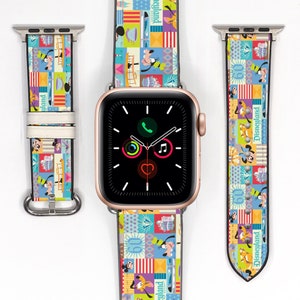 Pode incluir: Uma pulseira colorida para Apple Watch com tema Mickey Mouse e Disneyland. A pulseira apresenta um design patchwork com várias imagens do Mickey Mouse, Pluto e atrações da Disneyland. A pulseira é compatível com Apple Watch Series 4 e posteriores.