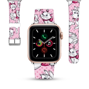 Cute Kitten Cat Apple Watch Band 38 40 41 mm and 42 44 45 49 mm for All Series, pink cartoon character cat PU leather strap, dv-edo