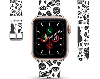 Alice in Wonderland inspired Apple Watch Band 38 40 41 mm and 42 44 45 49 mm for All Series, PU leather strap, black white kd-dic