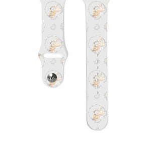 May include: White Apple Watch band with a repeating pattern of two small bears in a wreath. The band is made of silicone and has a silver buckle.