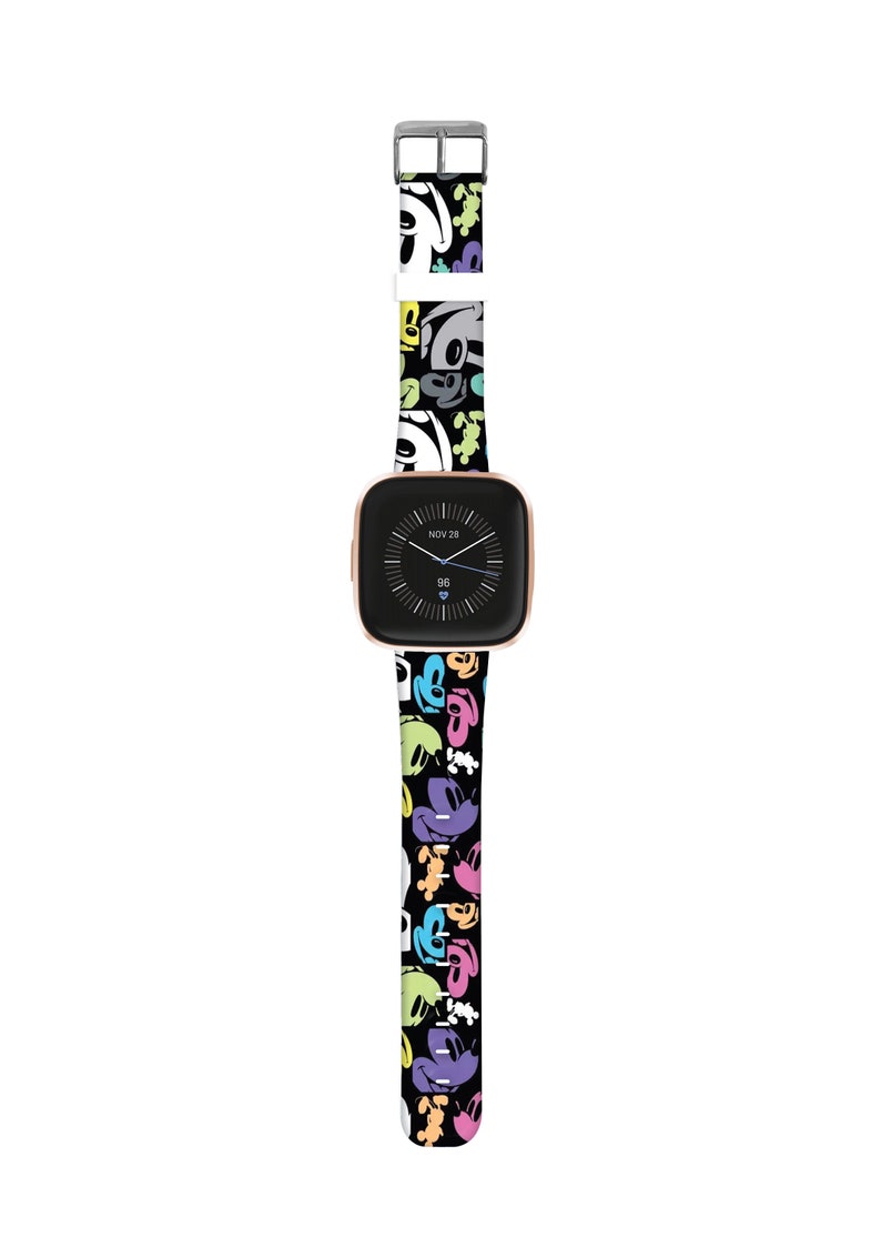 May include: A black watch band with a colorful Mickey Mouse pattern. The watch face displays the date "NOV 28" and the time "96".
