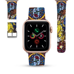 Apple Watch Band women 38 40 41 mm 42 44 45 49 mm for All Series, Disney inspired Beauty and the beast PU leather strap stained glass kd-aea