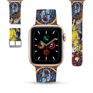 Apple Watch Band women 38 40 41 mm 42 44 45 49 mm for All Series, Disney inspired Beauty and the beast PU leather strap stained glass kd-aea