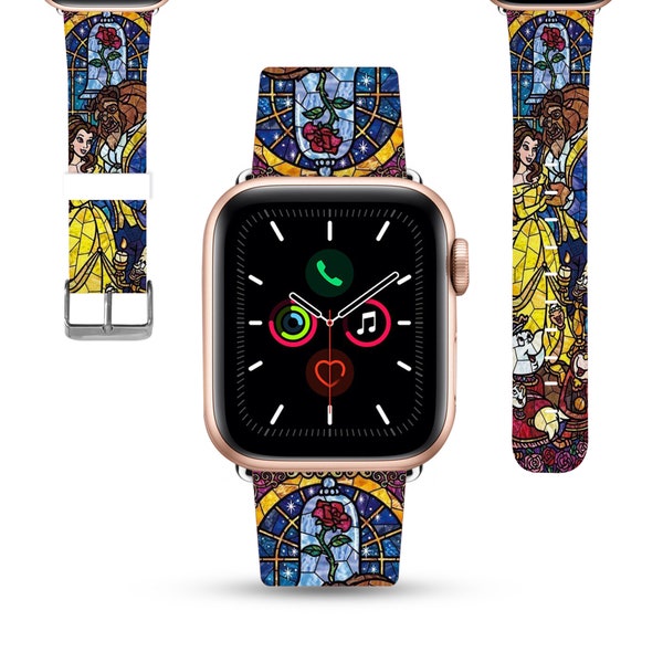 Apple Watch Band dames 38 40 41 mm 42 44 45 49 mm voor alle series, Disney geïnspireerd Belle en het beest PU lederen band glas-in-lood kd-aea