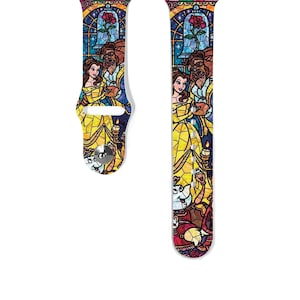 Apple Watch Band women 38 40 41 mm 42 44 45 49 mm for All Series, Disney inspired Beauty and the beast Silicone strap stained glass-k3