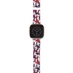 May include: Red silicone watch band with a white and blue Mickey Mouse print. The band is compatible with a square-shaped smartwatch with a rose gold colored frame. The watch face displays the date "NOV 28" and the time "96".