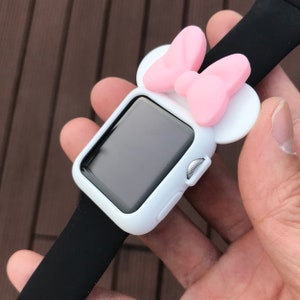 Orecchie da topo con fiocco rosa morbido bianco. Custodia per mouse Apple Watch Ears per orologio da 38 40 42 44 mm. Orecchie Disney. Custodia morbida in silicone