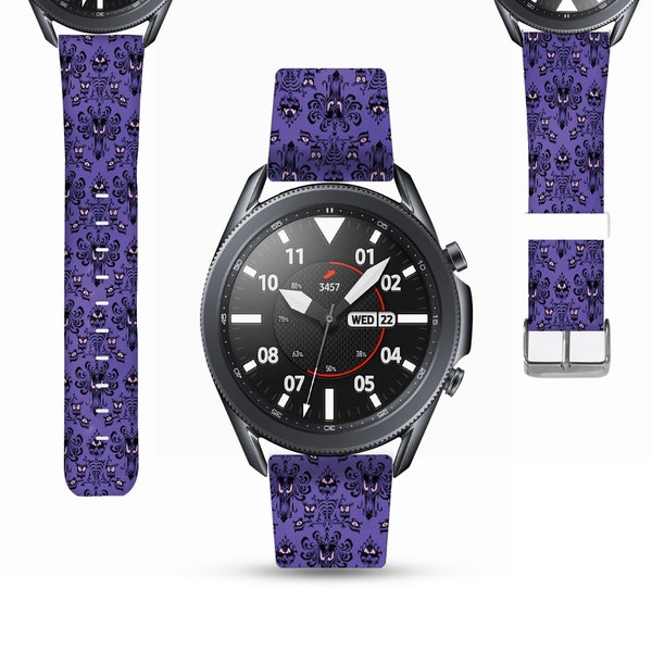 Purple damask Haunted Mansion Galaxy Watch 3 4 5 6 Band Active 2 42mm 46mm Disney inspired print, PU leather strap Samsung Watch band kd-efh