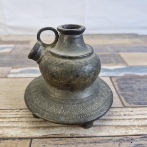 Vintage Hand Engraved Brass Hookah Pot, Rustic Indian Hukka Base, Mughal Style Decor