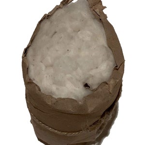 May include: A brown paper bag filled with white cotton balls, tied with twine.