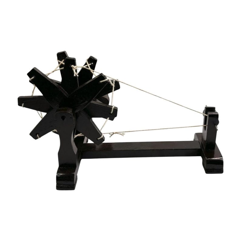 Front centered view, walnut finish Gandhi charkha spinning wheel as a wooden charkha spinning wheel.
