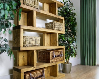 Solid Wood Rustic Wensley Shelving Unit, Handmade Large Bookcase, Tall Freestanding Storage and Display Unit, Finished in Chunky Country Oak