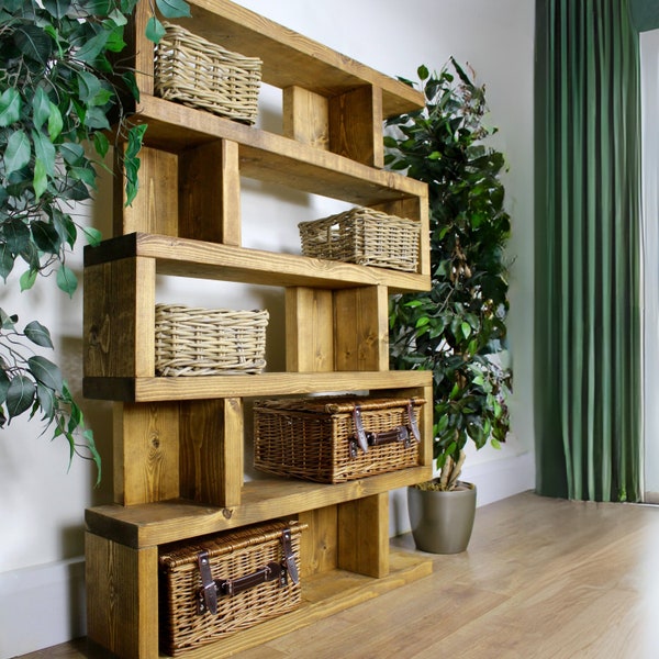 Solid Wood Rustic Wensley Shelving Unit, Handmade Large Bookcase, Tall Freestanding Storage and Display Unit, Finished in Chunky Country Oak