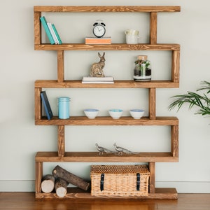 Solid Wood Rustic Pine Tall Shelving Unit, Bookcase, Custom Handmade Furniture, finished in Chunky Country Oak