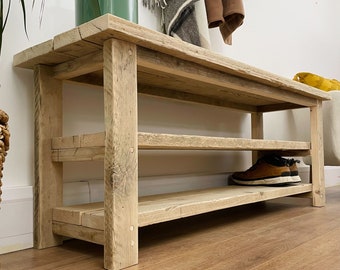 Solid Wood Reclaimed Ryde Shoe Rack With Shelf, Farmhouse Table, Custom Handmade Furniture