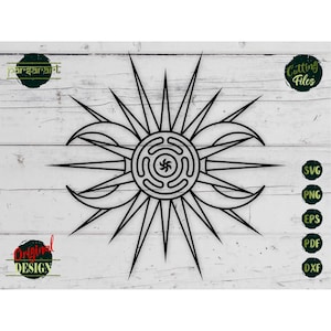 May include: Black sunburst design with sharp points and curved accents. The design features a central spiral and is labeled "Original Design" and "Cutting Files". File formats include SVG, PNG, EPS, PDF, and DXF.
