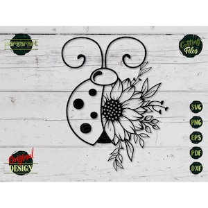 Coccinella con girasole SVG, elementi floreali SVG insetti Clipart fiore SVG Boho tagliare File Cricut/Silhouette vettoriale Stencil stampa Eps Png Dxf