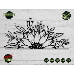Split tournesol SVG, monogramme SVG, demi tournesol Clipart, Split fleur SVG Floral Svg coupe fichier Cricut/Silhouette vecteur pochoir Eps Png Dxf