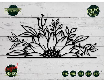 Split Sunflower SVG, Monogram SVG, Half Sunflower Clipart, Split Flower SVG Floral Svg Cut File Cricut/Silhouette Vector Stencil Eps Png Dxf