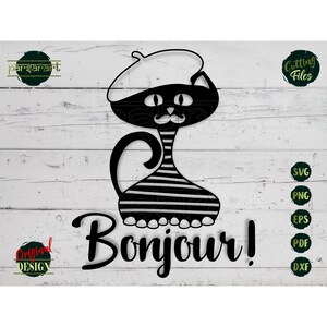 Français Chat SVG, Chat SVG, Bonjour SVG, Animal Clipart Kitten Cat Decor Vector Digital Cut File Cricut/Silhouette, T-shirt Print, Eps Png Dxf