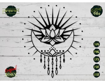 Sun and Moon with Lotus SVG, Floral SVG Lotus Flower SVG Boho Moon Sun Clipart Cut File Cricut/Silhouette Vector Stencil Print Eps Png Dxf