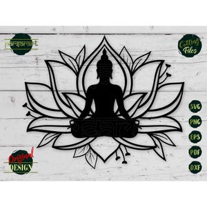 Fiore di loto SVG, Meditazione in Lotus SVG Buddha SVG Namaste Rilassamento spirituale buddista File vettoriale digitale tagliato Silhouette Eps Png Dxf
