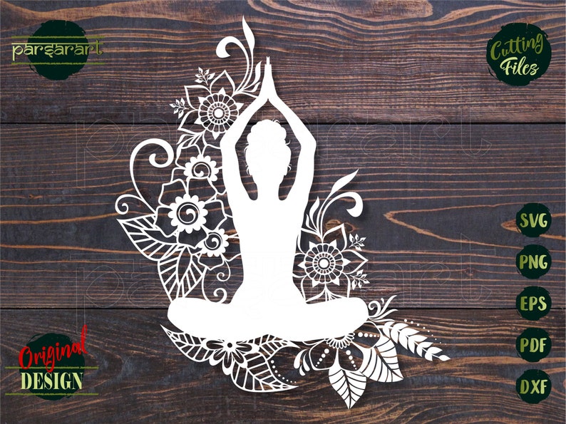 May include: White silhouette of a person in a yoga pose surrounded by intricate floral designs. The design is perfect for creating cut files for crafts.