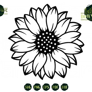 May include: Black and white silhouette of a sunflower with a center filled with small dots.
