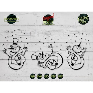 May include: Three black and white silhouette illustrations of snowmen with arms outstretched and wearing scarves. The snowmen are surrounded by small stars.